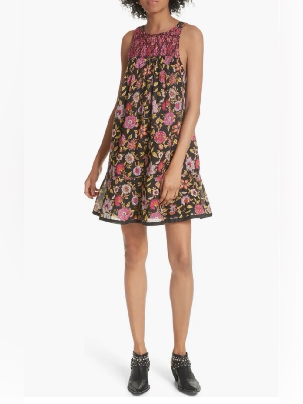Free People Oh Baby Dark Floral Smocked Sleeveless Mini Dress Size Medium